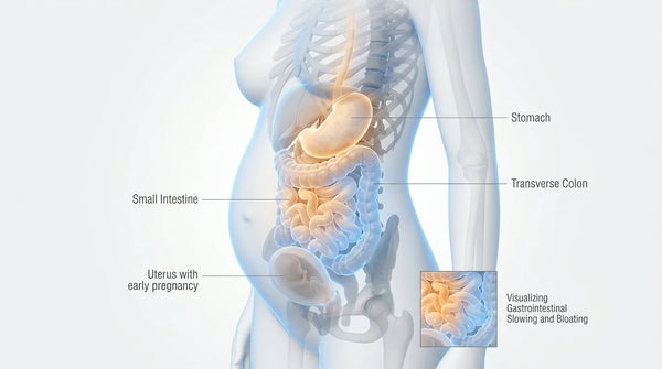 Illustration of a pregnant woman holding her stomach experiencing pregnancy bloating