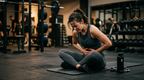 Frustrated woman holding her bloated stomach while sitting on a gym floor