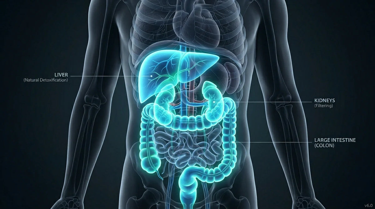 Medical illustration showing a healthy colon anatomy and natural detox organs