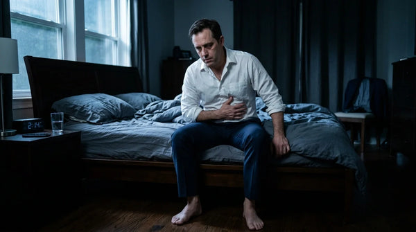 Stressed busy professional awake in bed holding stomach dealing with sleep digestive health issues