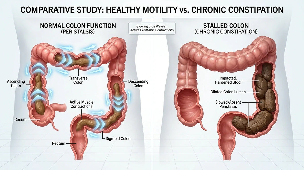 Medical illustration showing healthy colon motility versus chronic constipation relief