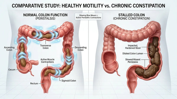 Medical illustration showing healthy colon motility versus chronic constipation relief