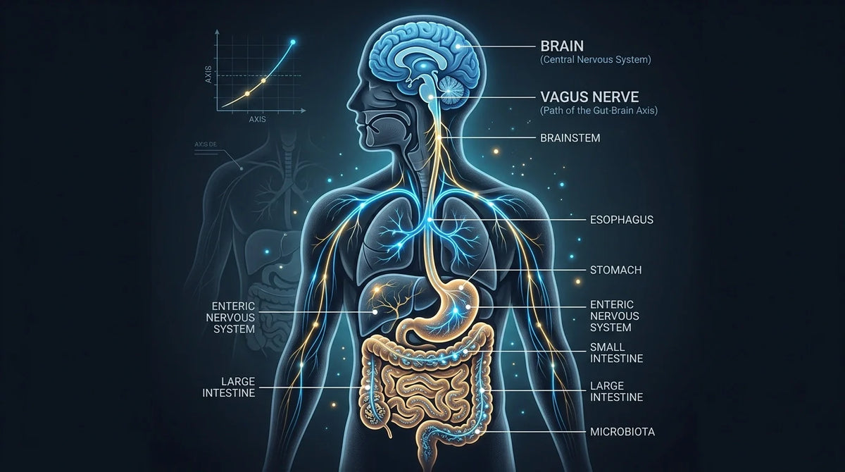 Diagram showing the vagus nerve connecting the human brain to the digestive system
