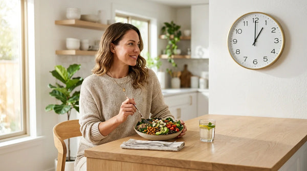 Woman looking at clock while eating to optimize meal timing digestion