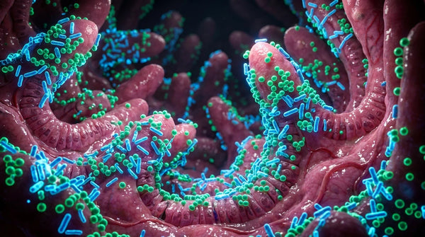 Microscopic view of beneficial bacteria restoring gut microbiome health naturally