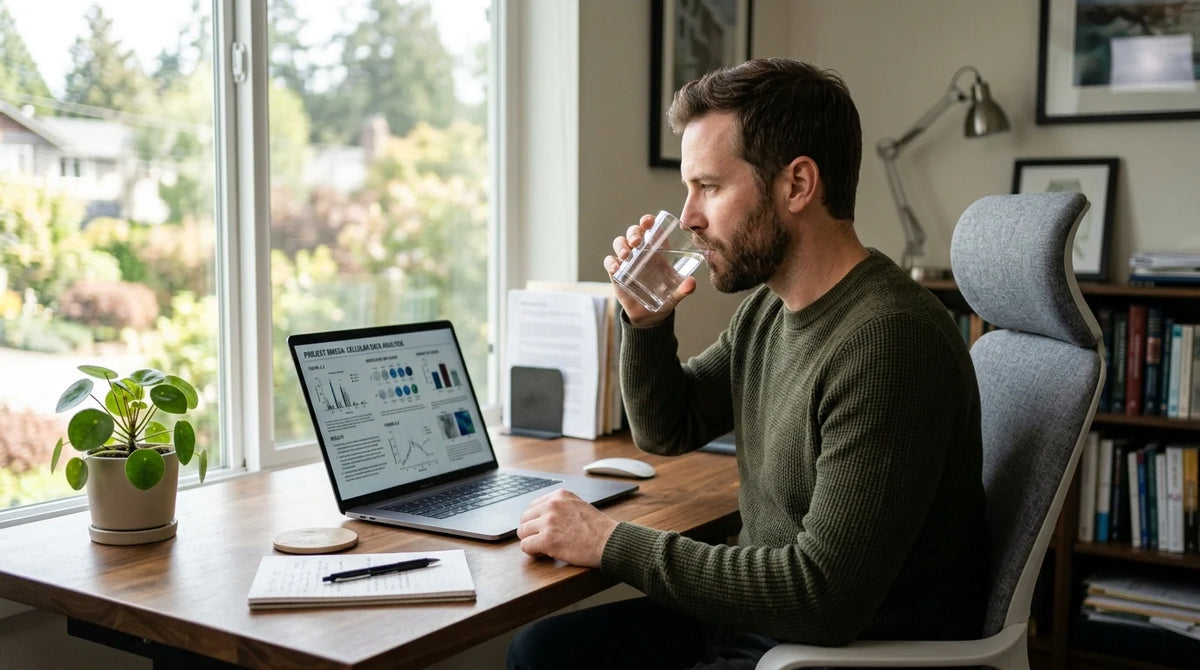Man analyzing data on computer researching detox science and real liver function