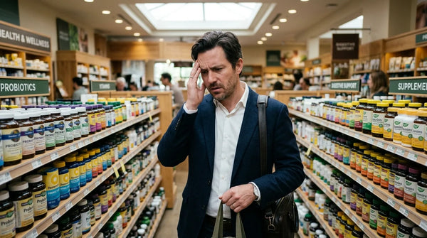 Stressed professional looking at confusing digestive supplements in the store aisle