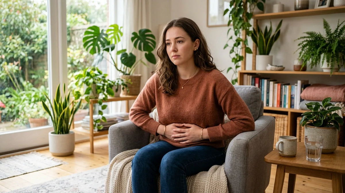 Woman holding her stomach experiencing chronic constipation and bloating