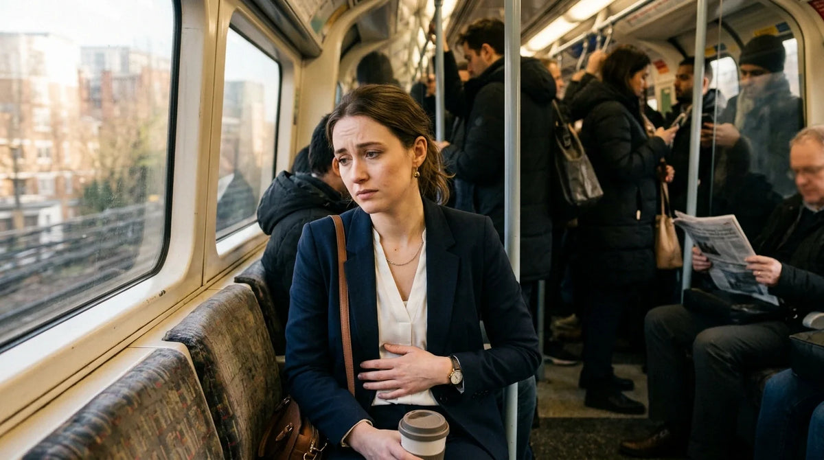 Frustrated woman holding her stomach on a crowded train commute