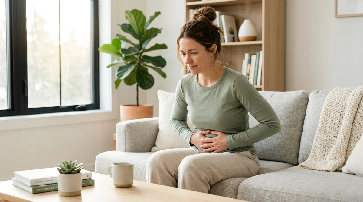 Woman holding her stomach experiencing IBS symptoms and digestive issues