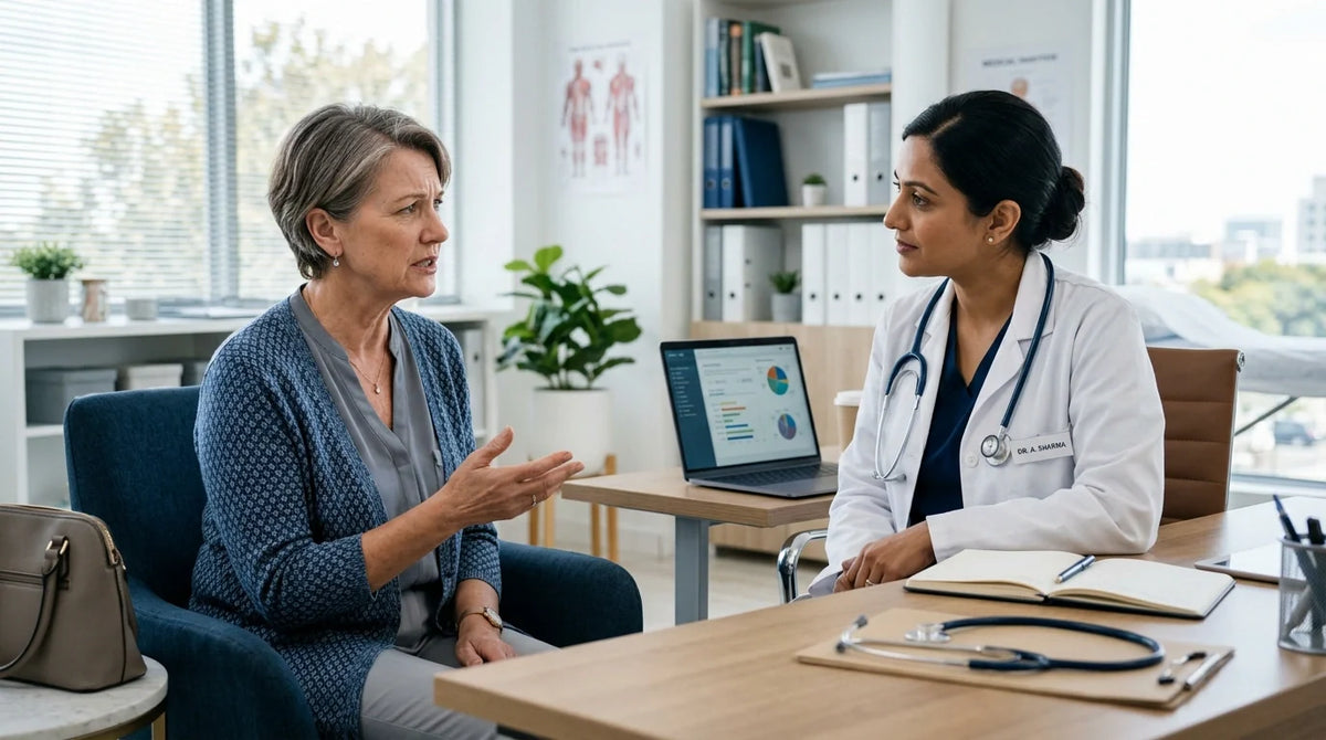 Frustrated older woman consulting with a doctor about aging digestive system symptoms