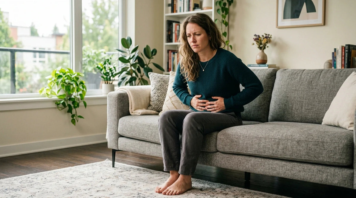 Woman holding her stomach experiencing severe IBS symptoms and digestive issues