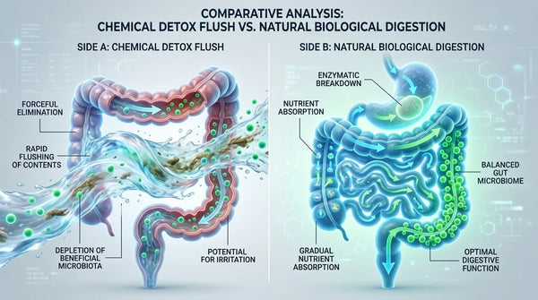 Medical illustration exposing colon cleanse myths and highlighting real gut biology