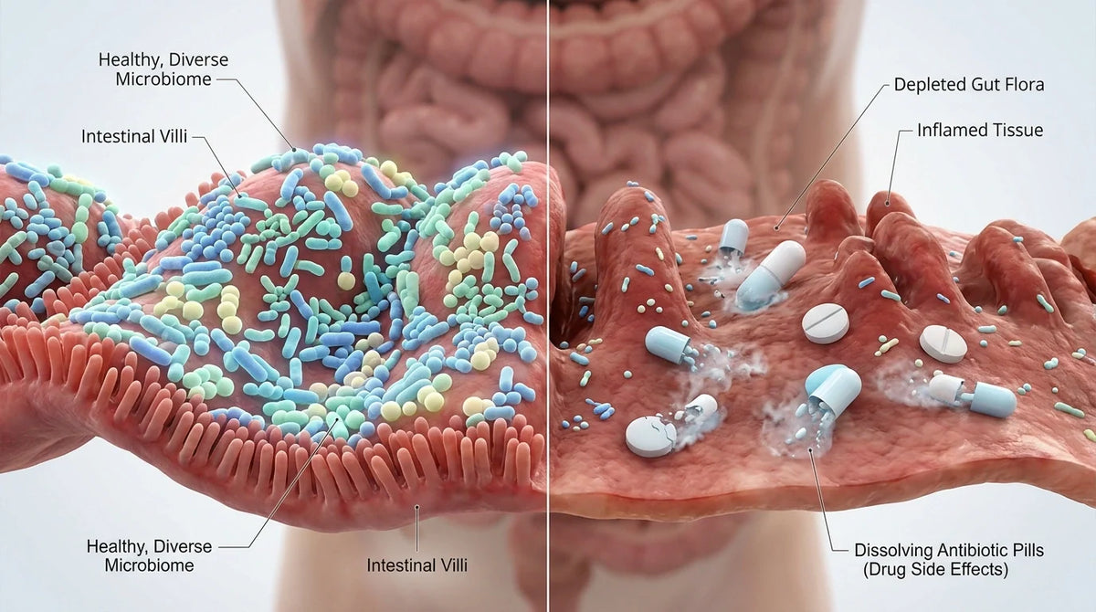 3D rendering of the gut microbiome showing healthy bacteria impacted by medications and antibiotic damage