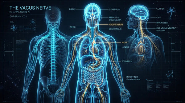 Anatomical illustration showing the vagus nerve connecting the gut brain connection