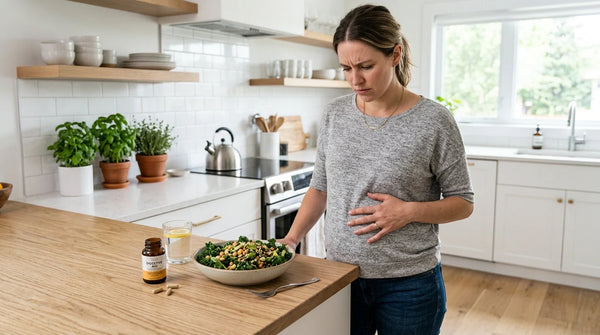 Woman looking frustrated while holding her bloated stomach in the kitchen