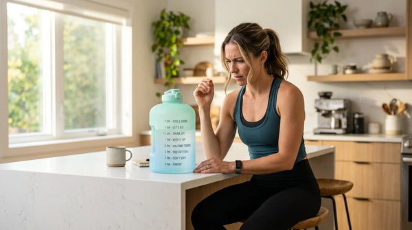 Woman holding large water jug looking frustrated with water bloating