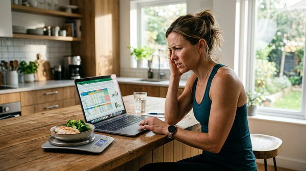 Frustrated woman looking at her laptop tracking macros for gut health weight loss
