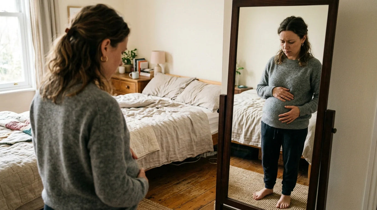 Woman looking stressed in front of a mirror touching her bloated stomach