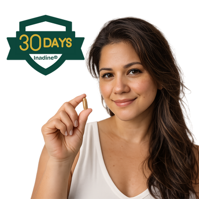 Woman holding a supplement capsule with '30 Days' logo and text on a white background