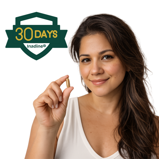 Woman holding a supplement capsule with '30 Days' logo and text on a white background